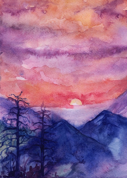 Sonnenuntergang in den Bergen, Aquarellillustration