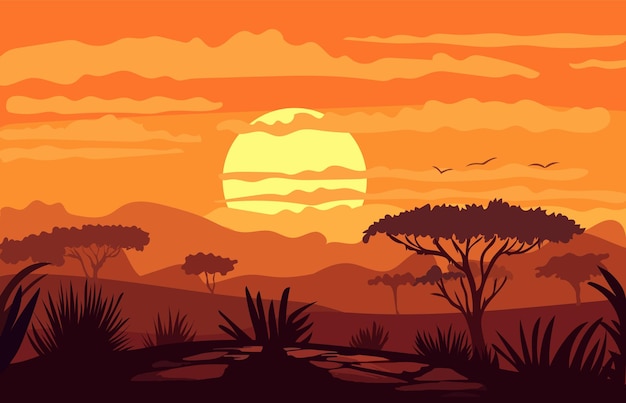 Sonnenuntergang in der afrikanischen Savanne, Zeichentrickfilmlandschaft