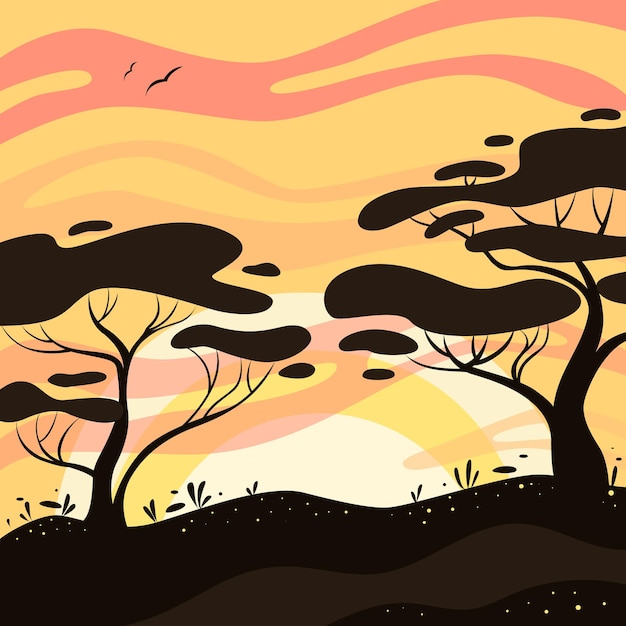 Vektor sonnenuntergang in der savanne afrika landschaft tierwelt illustration eines sonnenuntergangs sonnenuntergang mit baum