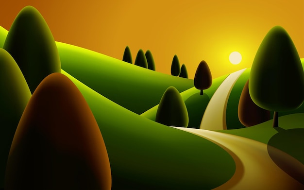 Sonnenuntergang in einer wunderschönen Landschaft mit Straße
