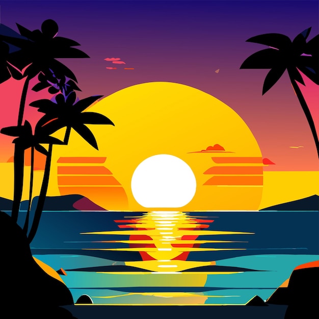 Sonnenuntergang landschaft der sonne über dem ozean mit wolken wasseroberfläche palmbaum und strand in flacher rücken