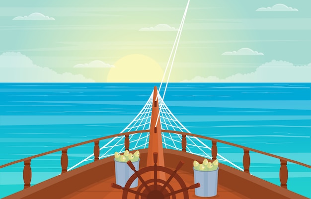 Vektor sonnenuntergang sonnenaufgang meer ozean landschaftsansicht auf kreuzfahrtschiff deck illustration