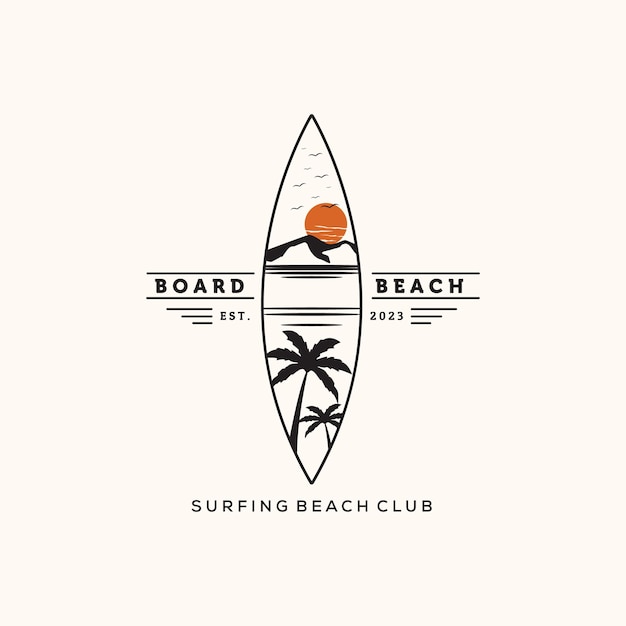 Sonnenuntergang Surfbrett Strand Vintage Logo Vektor minimalistische Illustration Panorama Surf Strand Symbol Design
