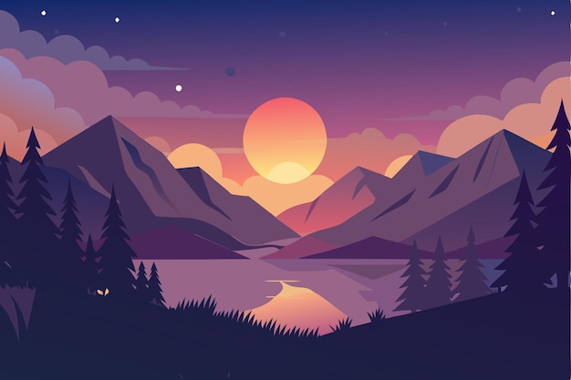Sonnenuntergang über Bergen und See mit Silhouetten von Bäumen