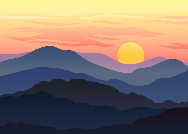 Vektor sonnenuntergang vor dem orangefarbenen himmel über den dunklen hügeln abendlandschaft vektorillustration auf weißem hintergrund