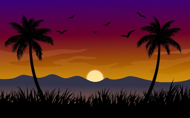 Sonnenunterganglandschaftshintergrund mit kokospalmengrasberg und -vögeln