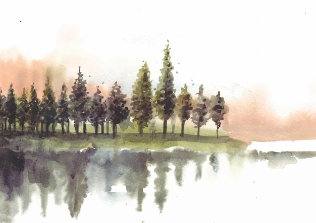 Sonnenuntergangnaturlandschaft mit reflexion von kiefern im seeaquarell