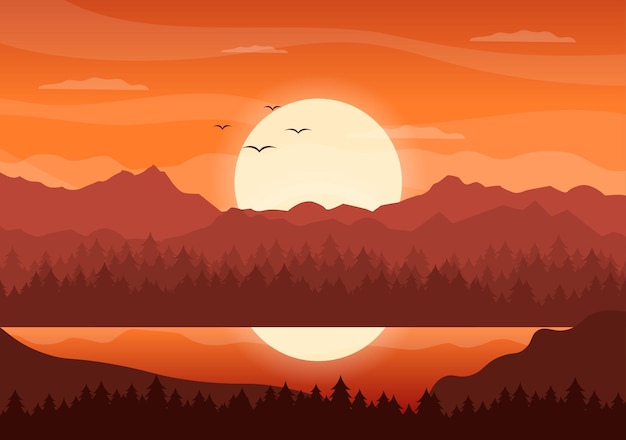 Sonnenuntergangslandschaft von Bergen, Hügeln, Wildnis, Sand, See und Tal in flacher wilder Natur für Poster, Banner oder Hintergrundillustration