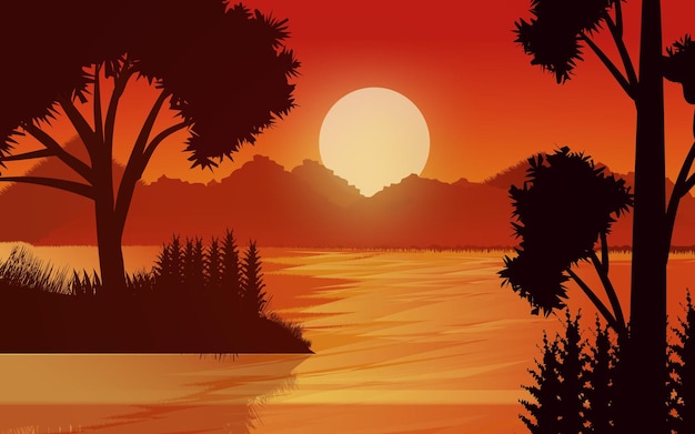 Sonnenuntergangsszene im Wald. Glühender Waldhimmel mit Flusslandschaftshintergrund Illustration