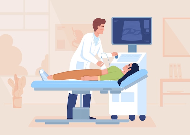Sonografische Untersuchung der flachen Farbvektorillustration des Patientenunterleibs