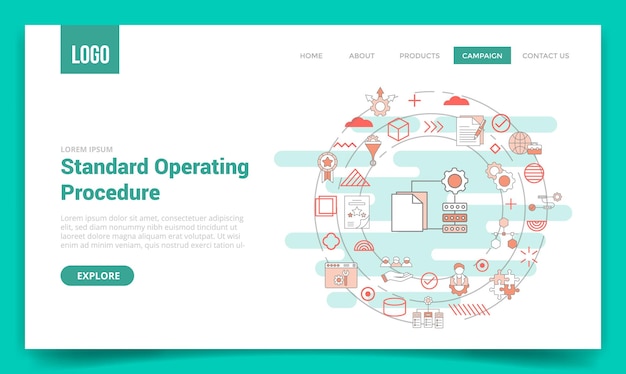 Sop Standard-Betriebsverfahren-Konzept mit Kreissymbol für Website-Vorlage oder Landing-Page-Startseite