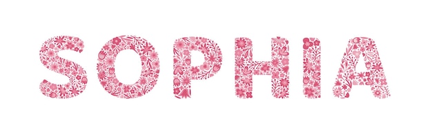 Sophia Weiblicher Name Mädchenname wird mit Blumenbuchstaben geschrieben Blumen rosa Alphabet Doodle-Stil Isolierte Vektorillustration eps 10