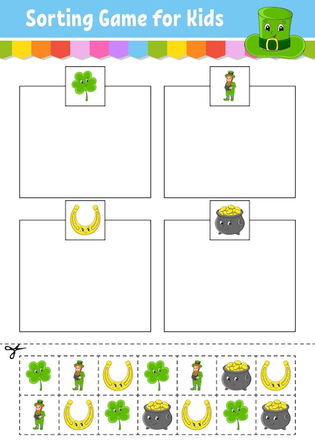 Sortierspiel für kinder schneiden und kleben arbeitsblatt zur entwicklung der bildung passendes spiel für kinder farbaktivitätsseite puzzle für kinder niedliche figur vektorillustration