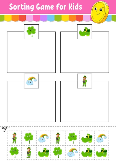 Sortierspiel für kinder schneiden und kleben arbeitsblatt zur entwicklung der bildung passendes spiel für kinder farbaktivitätsseite puzzle für kinder niedliche figur vektorillustration