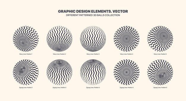 Sortiert, Verschiedene, Vektor, Gemustert, 3D, Kugeln, In, Verschiedene, Positionen, Mit, Wellenförmig, Und, Zickzack, Linie, Kunst, Satz, Freigestellt, Weiß, Hintergrund. Grafische schwarz-weiße Vielfalt 3D-Kugeln Design-Elemente-Sammlung