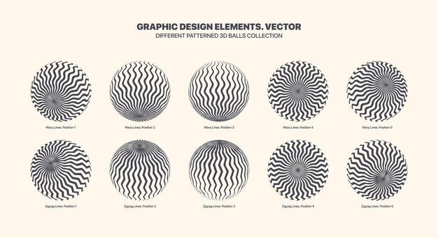 Sortiert, verschiedene, vektor, gemustert, 3d, kugeln, in, verschiedene, positionen, mit, wellenförmig, und, zickzack, linie, kunst, satz, freigestellt, weiß, hintergrund. grafische schwarz-weiße vielfalt 3d-kugeln design-elemente-sammlung