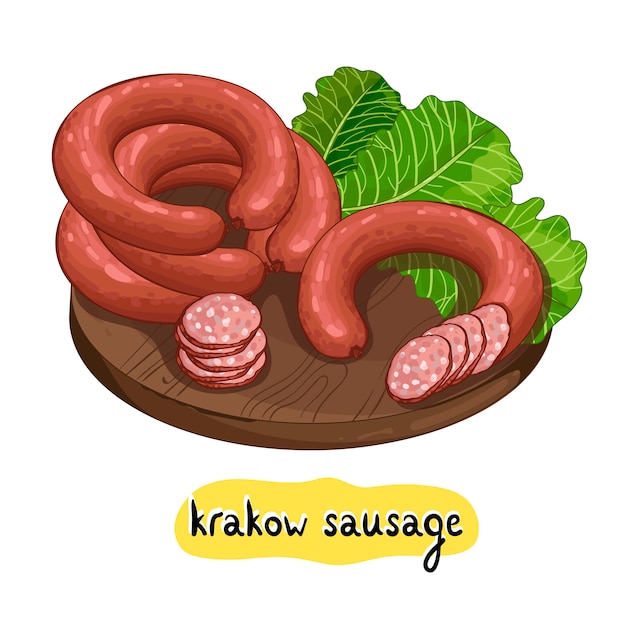 Sortierte Krakau-Würste auf hölzerner Platte