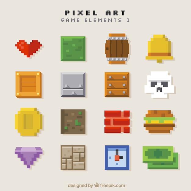 Sortiment von objekten videospiel in pixel-kunst