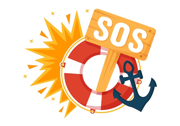 SOS-Nachrichtenvektorillustration mit Menschen, die in verschiedenen Situationen Nothilfe benötigen