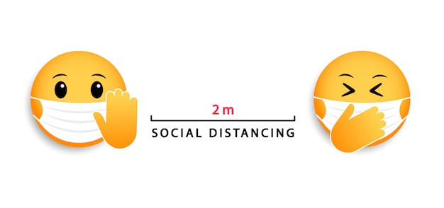 Soziale Distanzierung 2 m. Emoticons für medizinische Masken. Symbol für Coronavirus.