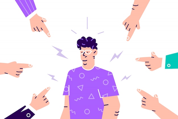 Soziale Missbilligung. Traurige oder depressive junge Frau, umgeben von Händen mit Zeigefingern, die auf sie zeigen. Quilt, Anklage, öffentliche Kritik und Opferbeschuldigung. Flache Karikaturillustration