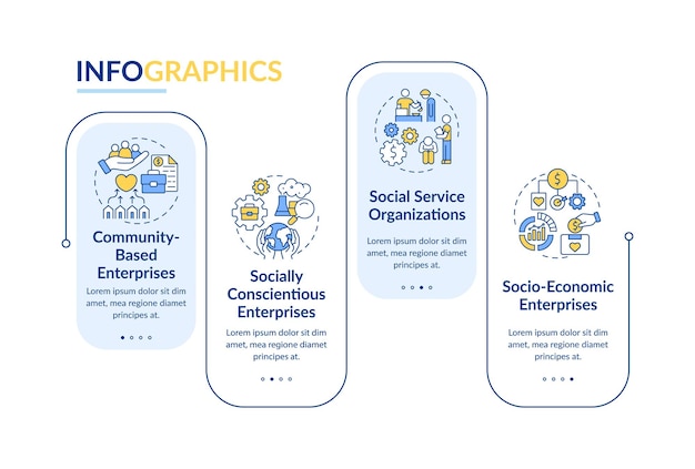 Soziale unternehmen konzentrieren sich auf vektor-infografik-vorlage. präsentationsskizzen-designelemente. datenvisualisierung mit 4 schritten. info-diagramm der prozesszeitachse. workflow-layout mit liniensymbolen