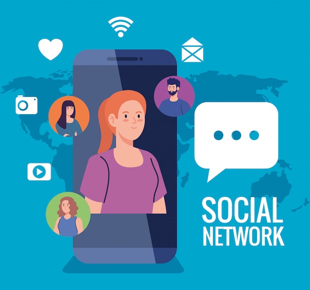 Soziales netzwerk, menschen mit smartphone- und social-media-symbolen, interaktiv, kommunikation und globales konzept