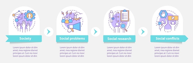 Soziologie-vektor-infografik-vorlage. gesellschaft, soziale probleme, konflikte. präsentationsdesign-elemente. datenvisualisierung in vier schritten. diagramm der prozesszeitleiste. workflow-layout mit linearen symbolen