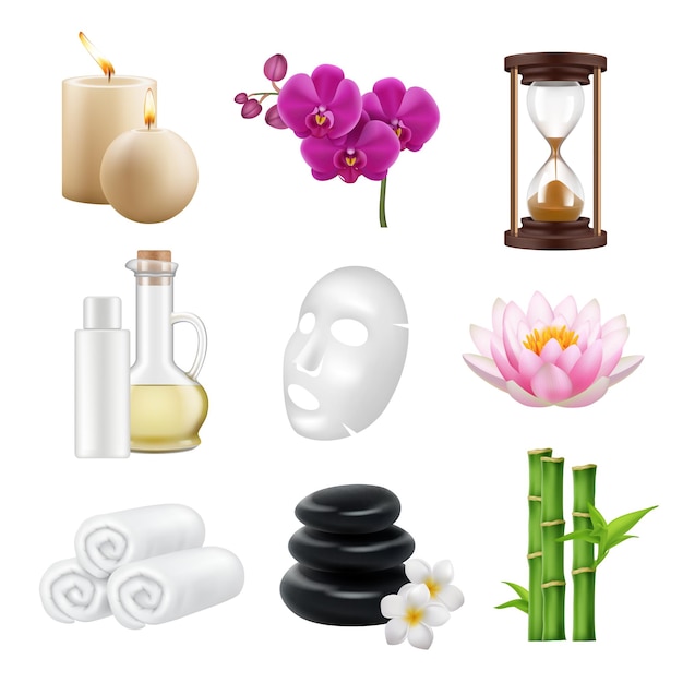 Spa realistisch schönheits- und entspannungssalon alternative medizin zen handtuch lotus orchidee bambus steine anständige vektorsammlung set