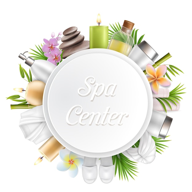 Spa-salon, runder rahmen, vektorillustration, spa-center-kartenetikettenvorlage mit hautpflege- und beauty-accessoires, bambusstiele, palmblätter, steine, massageöl, kosmetik, handtücher, aromakerzen usw