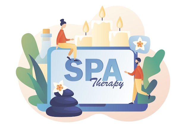 Spa-therapie-website winzige leute mit großem laptop und zubehör für kerzen in entspannender atmosphäre