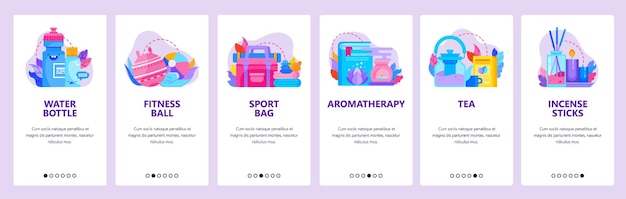 Spa und aromasalon. gesunder lebensstil, aromatherapie, räucherstäbchen, wasserflasche. onboarding-bildschirme für mobile apps. vektor-banner-vorlage für die mobile entwicklung von websites. website-design-illustration.