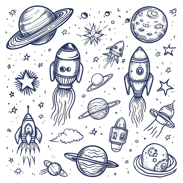 Vektor space_doodle_icon_setcosmos_hand_gezeichnet_vektor