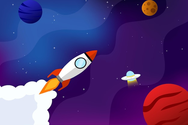 Space rocket and planet background Gradient galaxy vector illustration poster design template