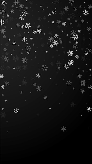 Vektor spärlicher schneefall weihnachtshintergrund. subtile fliegende schneeflocken und sterne auf schwarzem hintergrund. erstaunliche winter-silber-schneeflocken-overlay-vorlage. fantastische vertikale abbildung.