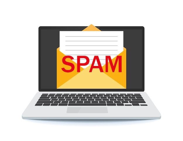 Vektor spam-nachricht auf dem laptop-bildschirm. e-mail-spam-konzept. spam-nachricht auf dem laptop-bildschirm.