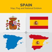 Vektor spanien karte, flagge und national emblem