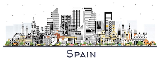 Spanien stadtskyline mit farbigen gebäuden, isoliert auf weiß moderner und historischer architektur spanien stadtlandschaft mit sehenswürdigkeiten madrid barcelona valencia sevilla zaragoza