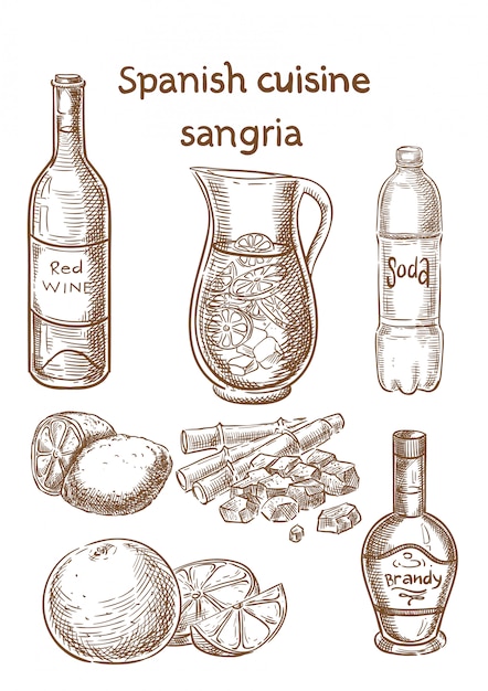 Spanische küche. sangria zutaten vektor skizze.
