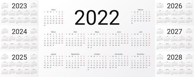 Vektor spanischer kalender 2022 2023 2024 2025 2026 2027 2028 jahre einfache taschenvorlage vektorillustration