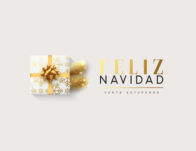 Spanischer text feliz navidad. vektorillustration-schriftzug „frohe weihnachten“, geschenkbox geschlossen, eingewickeltes band mit schleife. weihnachtsgrußkarte, banner, poster.