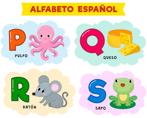Spanisches alphabet. vektor-illustration. geschrieben in spanisch krake, frosch, maus, käse