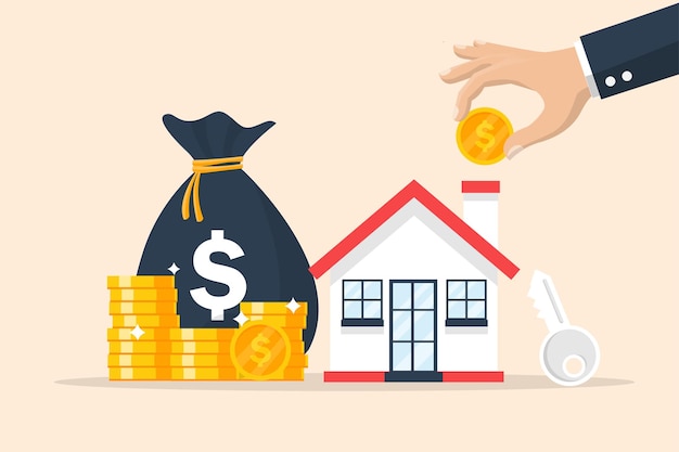 Sparen Sie Geld für Wohnungsbaudarlehen, die Münze mit Haus- und Taschengeld halten. Immobilienhandel.