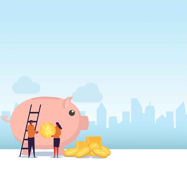 Sparflache Paare nehmen Münzen und setzen auf riesiges Sparschwein.