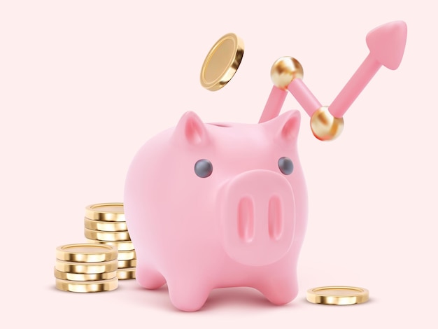 Sparschwein 3d mit Pfeil. Geld sparen oder akkumulieren, Finanzdienstleistungen, Einlagenkonzept. Illustration