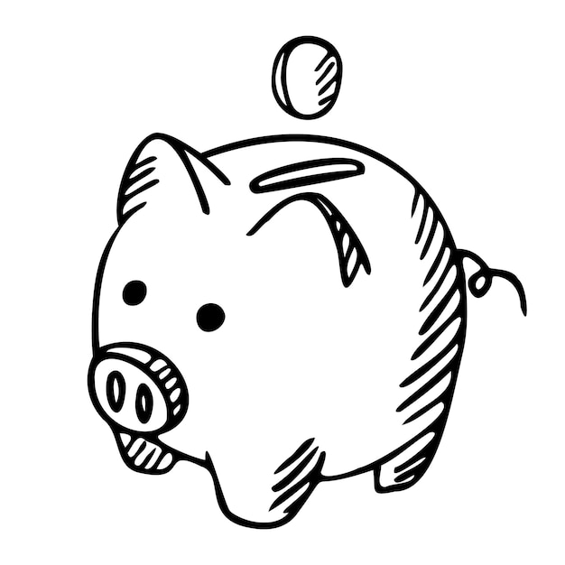 Sparschwein isoliert auf weißem hintergrund. box für sichere ersparnisse, münzen, bargeld, gold. geldschwein im doodle-stil. designkonzept finanzbildung und sparen. vektor-illustration.