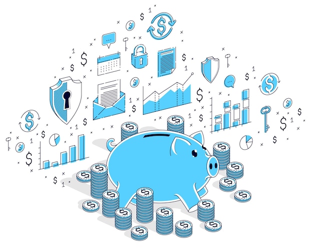 Vektor sparschwein mit bargeld-dollar-stapeln und münzstapeln isoliert auf weißem, persönlichem sparkonzept. isometrische geschäftsillustration des vektors 3d mit ikonen, statistikdiagrammen und gestaltungselementen.