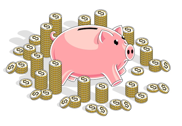 Vektor sparschwein mit cent-münzenstapeln einzeln auf weißem hintergrund, persönliche ersparnisse und bargeldkonzept. vector isometrische 3d-geschäfts- und finanzillustration, dünnes liniendesign.