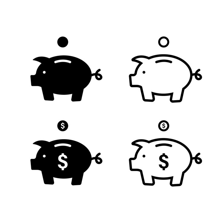 Sparschwein-Symbol. Vektor isoliertes Schwein-Knall-Zeichen. Sparschwein mit fallenden Münzen. Stock-Vektor. EPS 10