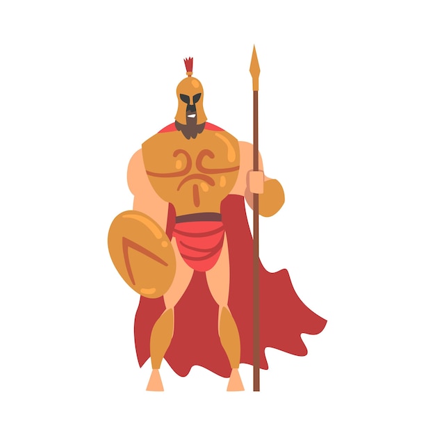 Spartaner mit rotem Mantel und Helm, bewaffnet mit Speer und Schild, steht auf einer Vektorillustration